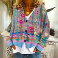 Women's Boho Floral Embroidered Button-Front Knit Sweater Cardigan - Blue