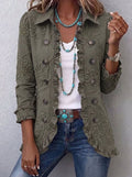 Women's Boho Floral Embroidered Ruffle Trim Button-Front Utility Jacket - Retro Green