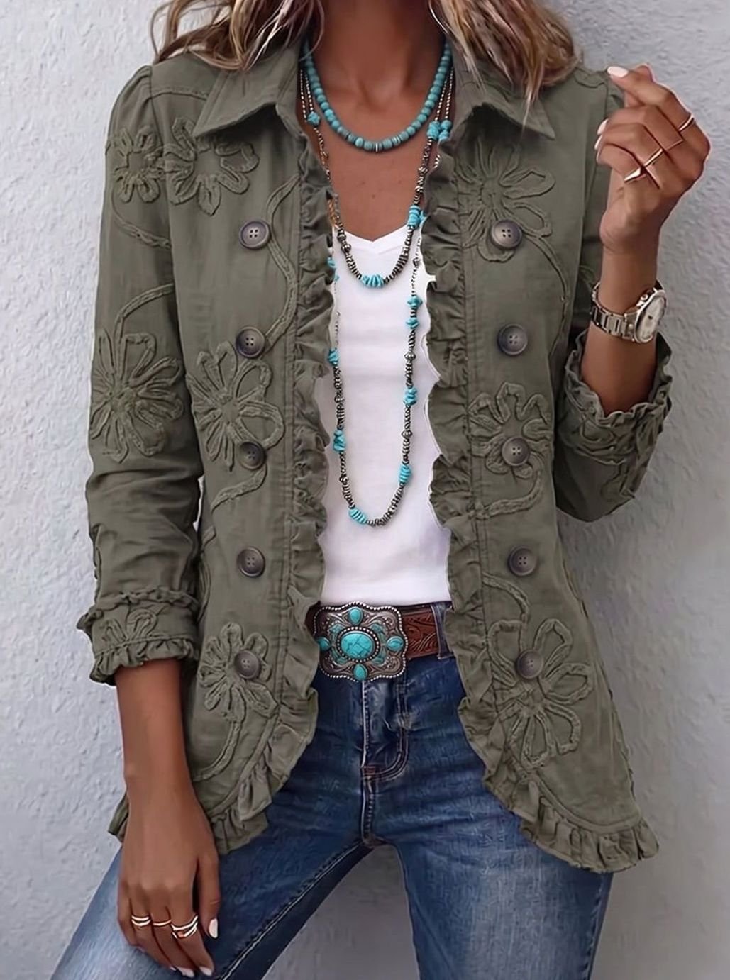 Women's Boho Floral Embroidered Ruffle Trim Button-Front Utility Jacket - Retro Green