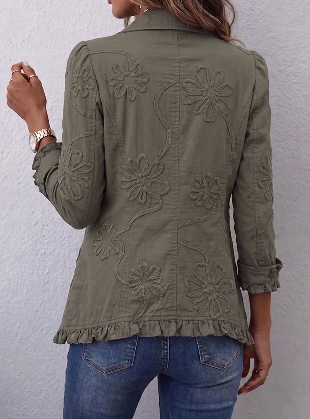 Women's Boho Floral Embroidered Ruffle Trim Button-Front Utility Jacket