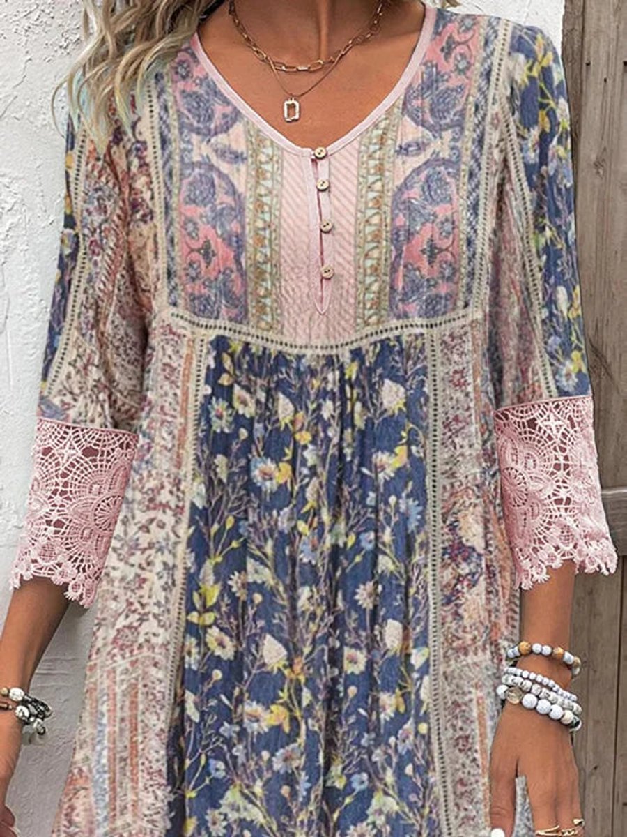 Women's Boho Floral Lace-Trim 3/4 Sleeve Tunic Dress