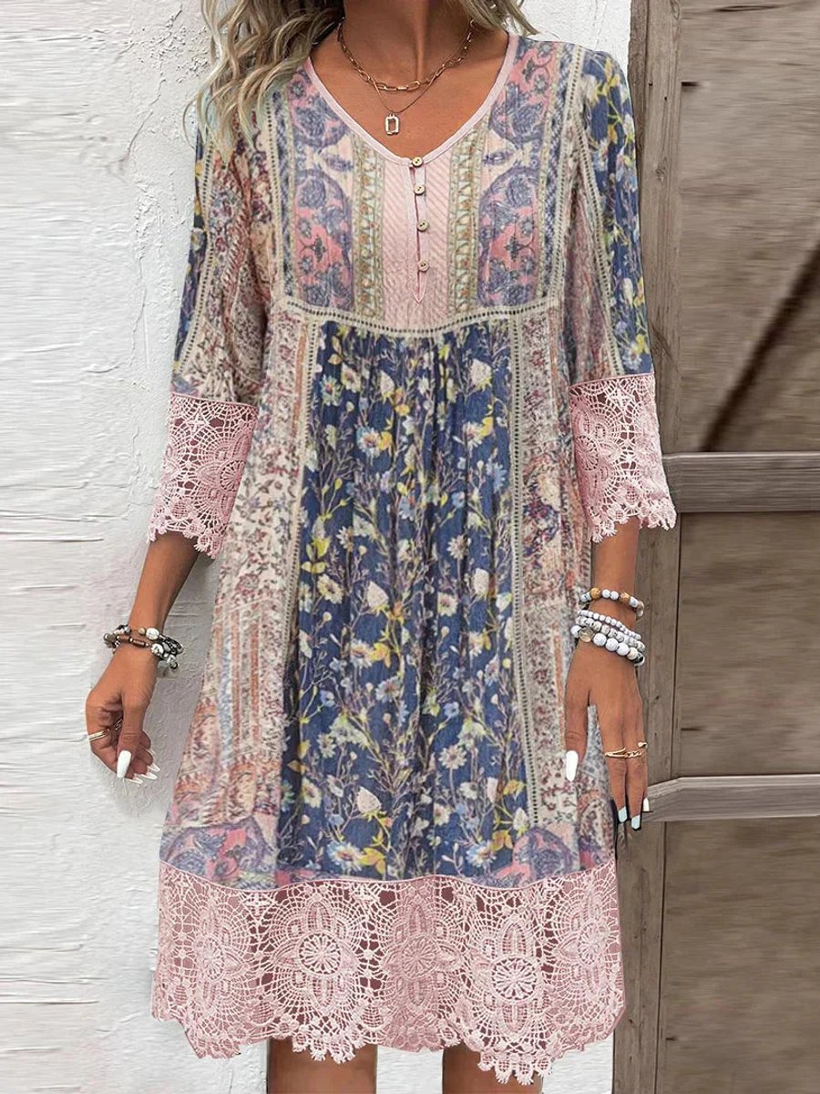 Women's Boho Floral Lace-Trim 3/4 Sleeve Tunic Dress - Rosa