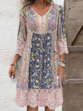 Women's Boho Floral Lace-Trim 3/4 Sleeve Tunic Dress - Rosa