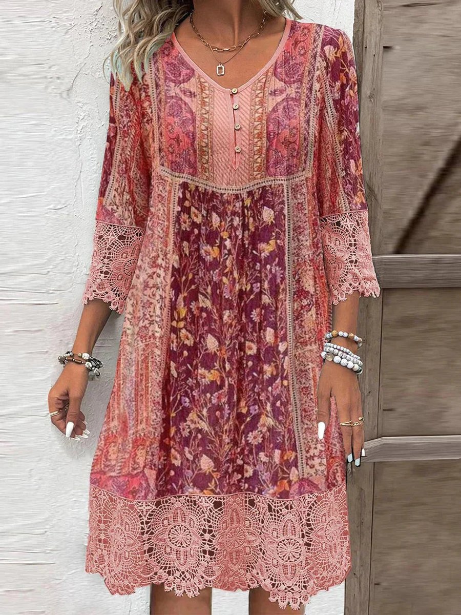 Women's Boho Floral Lace-Trim 3/4 Sleeve Tunic Dress - Rot