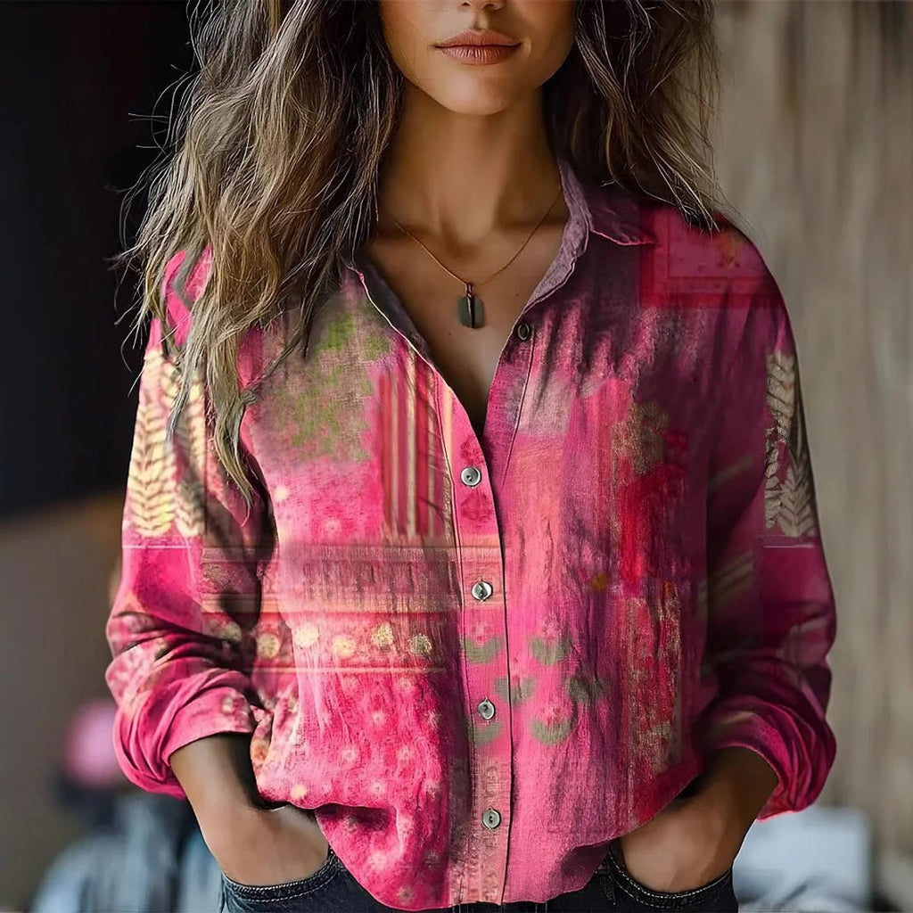 Women's Boho Floral Long Sleeve Button-Up Blouse - Pink