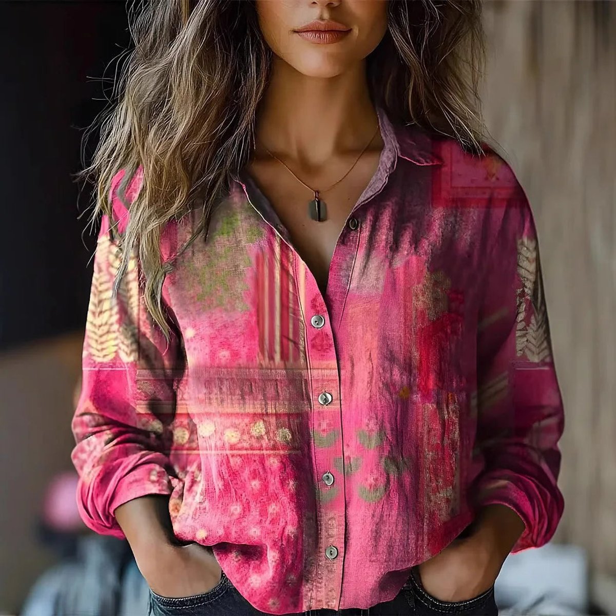 Women's Boho Floral Long Sleeve Button-Up Blouse - Pink