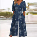 Women's Boho Floral Print Half-Sleeve Wide-Leg Jumpsuit - Navy Blue