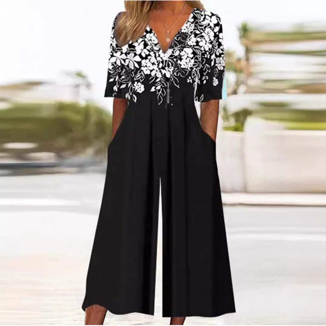Women's Boho Floral Print Half-Sleeve Wide-Leg Jumpsuit - Black