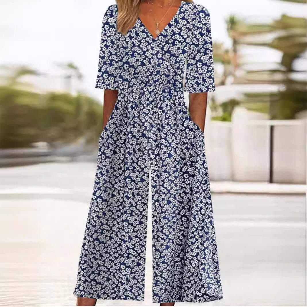 Women's Boho Floral Print Half-Sleeve Wide-Leg Jumpsuit - White