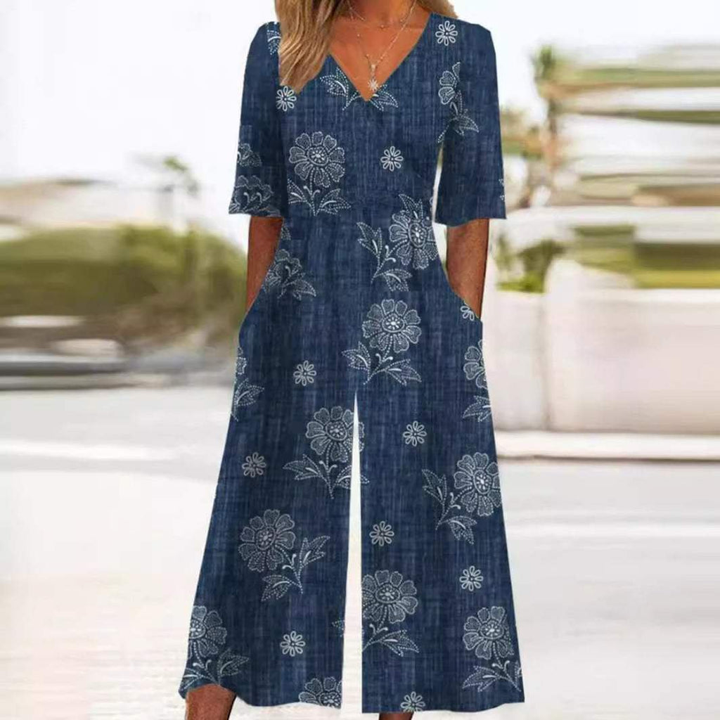 Women's Boho Floral Print Half-Sleeve Wide-Leg Jumpsuit