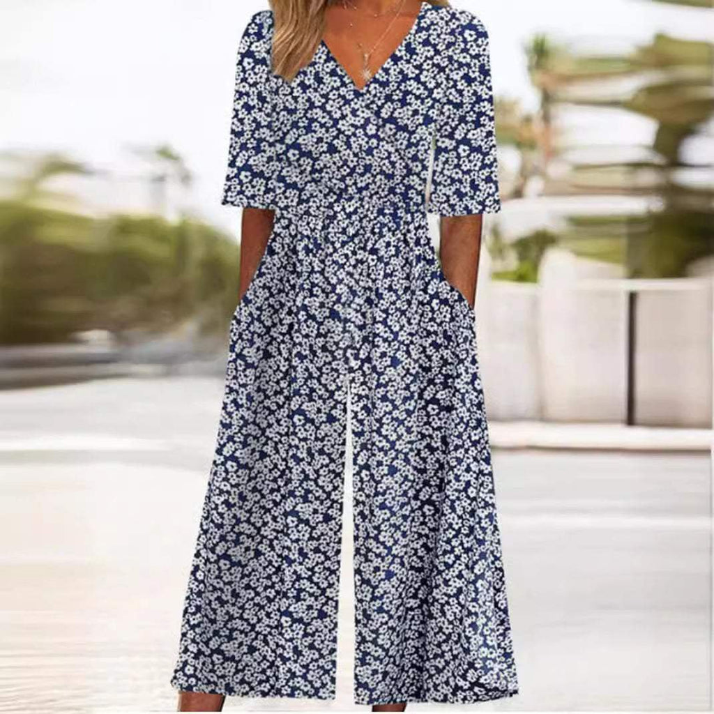 Women's Boho Floral Print Half-Sleeve Wide-Leg Jumpsuit