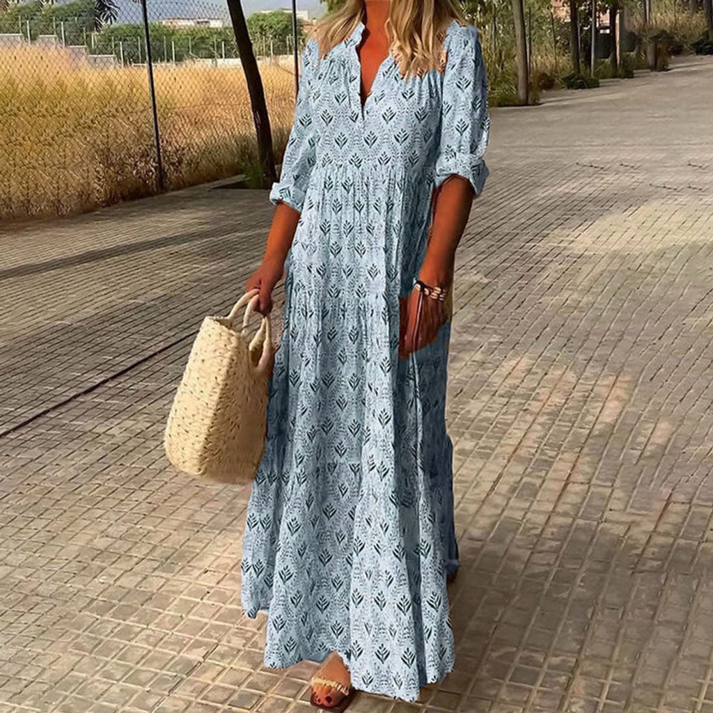 Women's Boho Floral-Print V-Neck Maxi Cocktail Party Dress - Blue