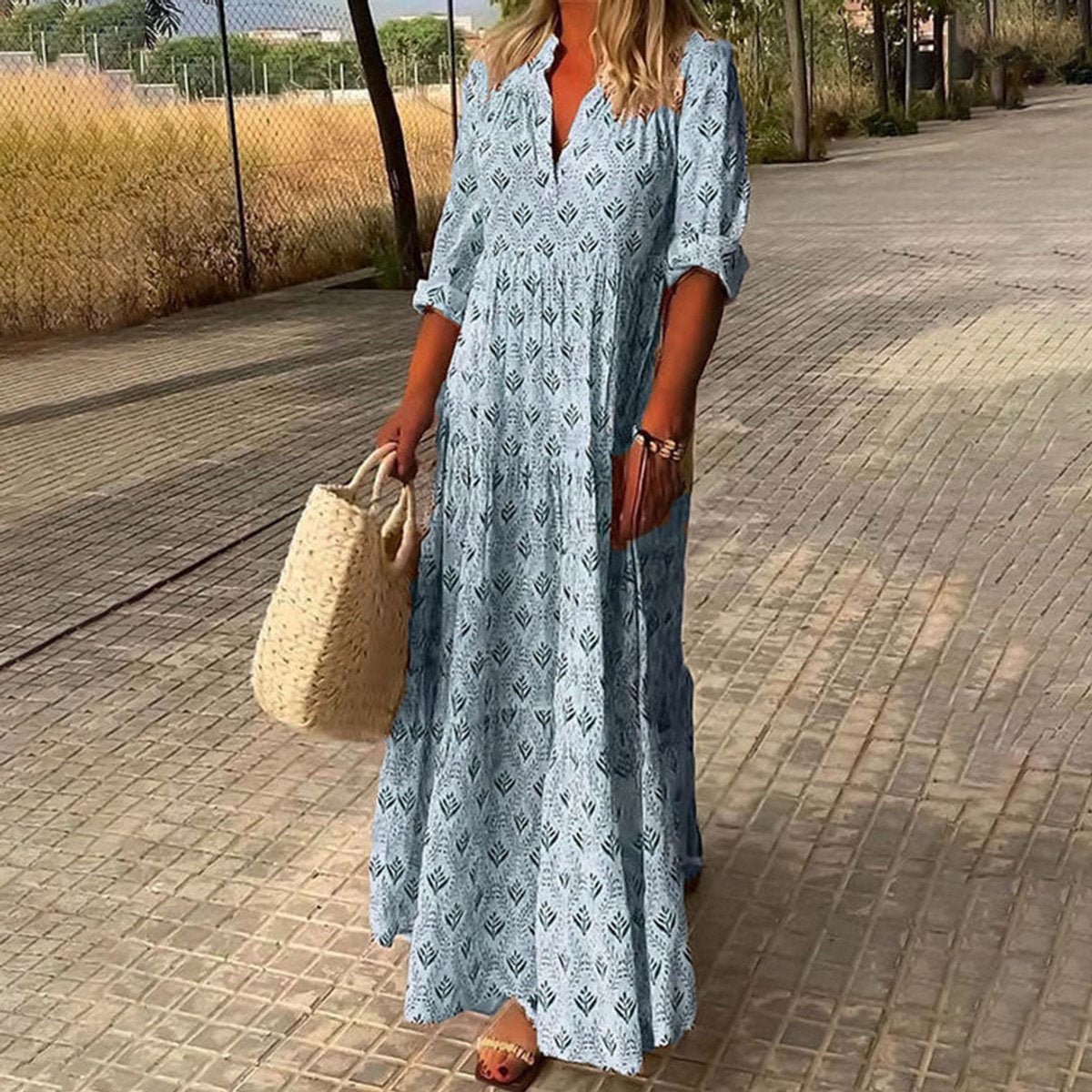 Women's Boho Floral-Print V-Neck Maxi Cocktail Party Dress - Blue