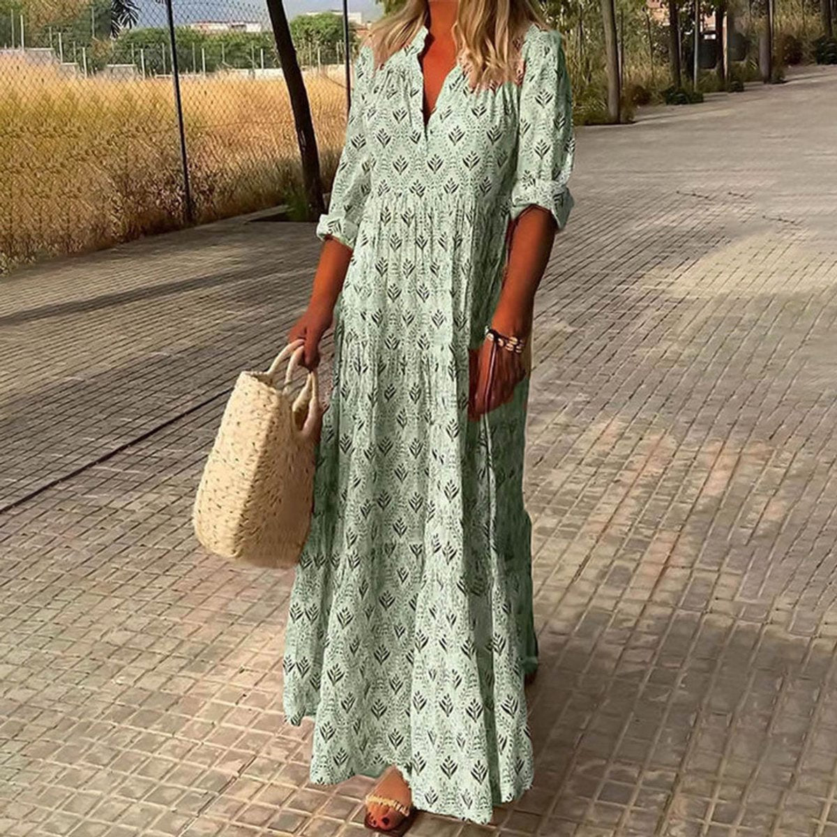Women's Boho Floral-Print V-Neck Maxi Cocktail Party Dress - Green