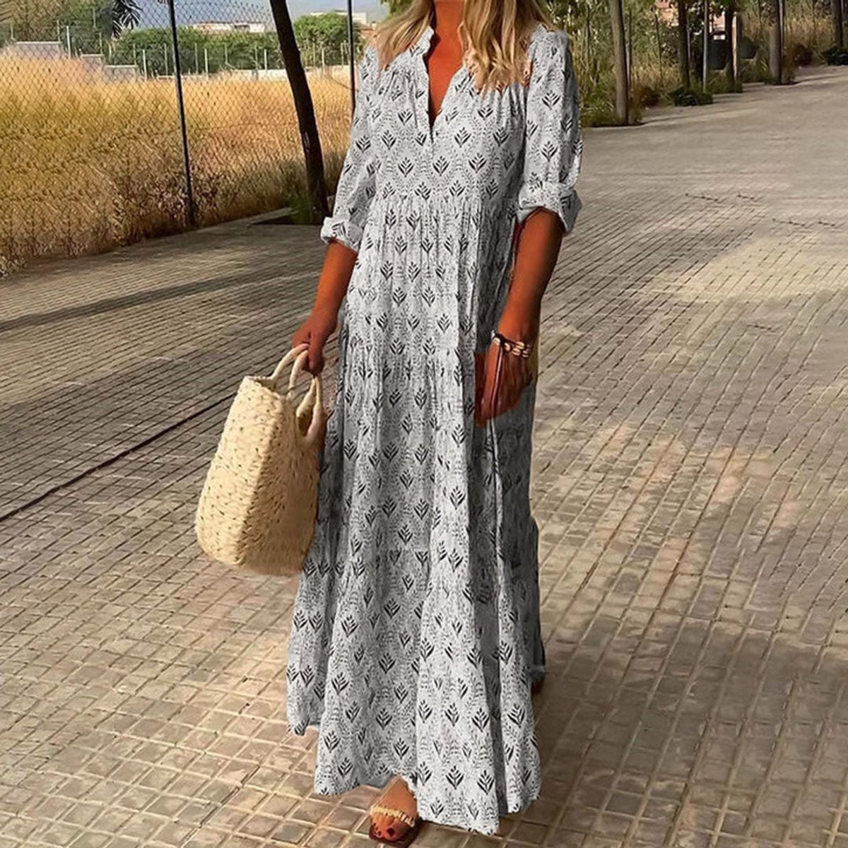 Women's Boho Floral-Print V-Neck Maxi Cocktail Party Dress - Gray