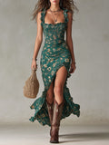 Women's Boho Floral Smocked Ruffle-Strap Maxi Dress - Green