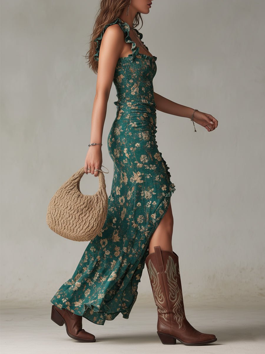 Women's Boho Floral Smocked Ruffle-Strap Maxi Dress