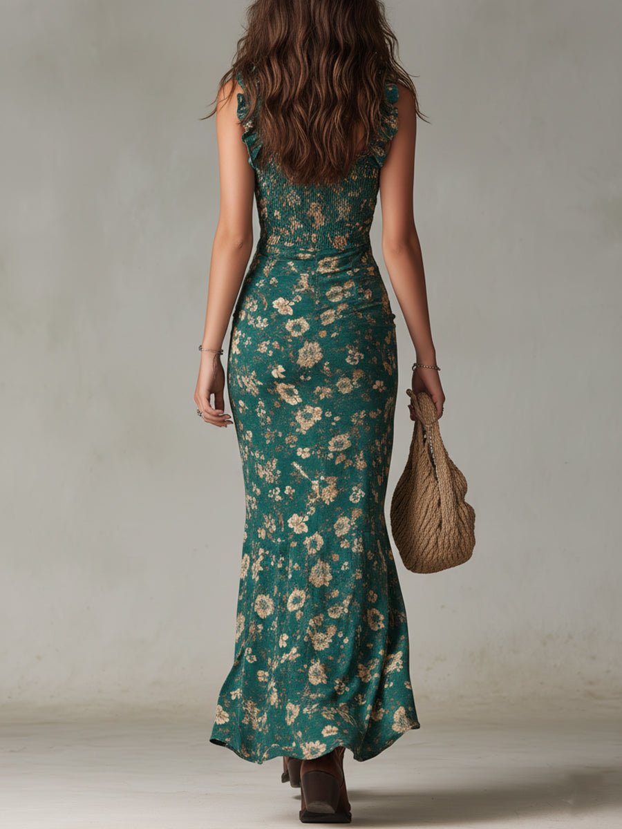 Women's Boho Floral Smocked Ruffle-Strap Maxi Dress