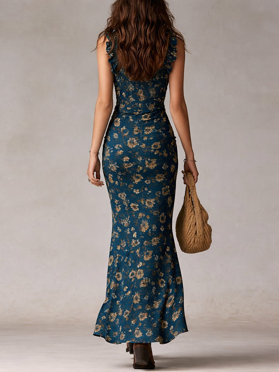 Women's Boho Floral Smocked Ruffle-Strap Maxi Dress
