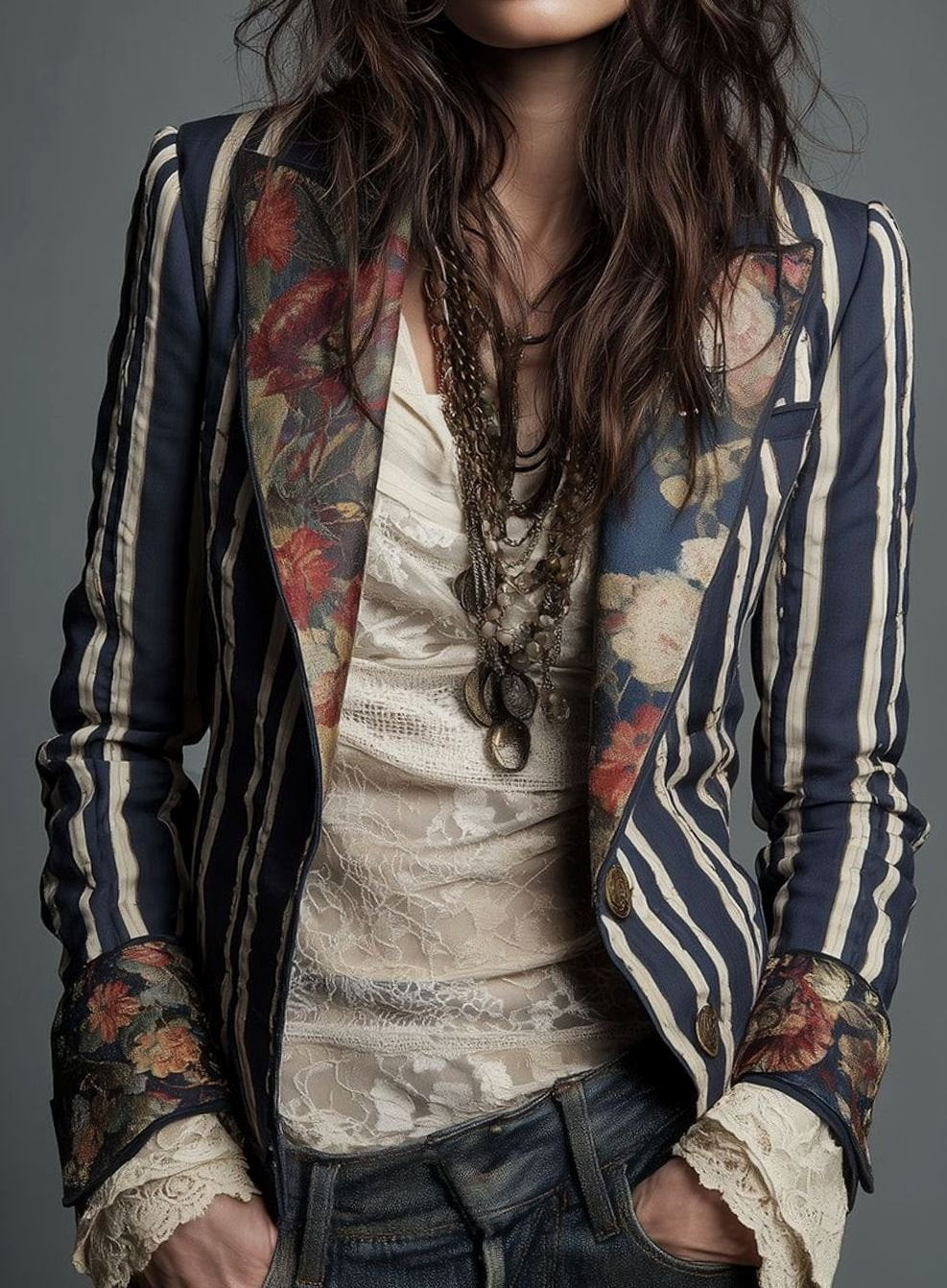 Women's Boho Floral Striped Long-Sleeve Blazer - Navy Blue