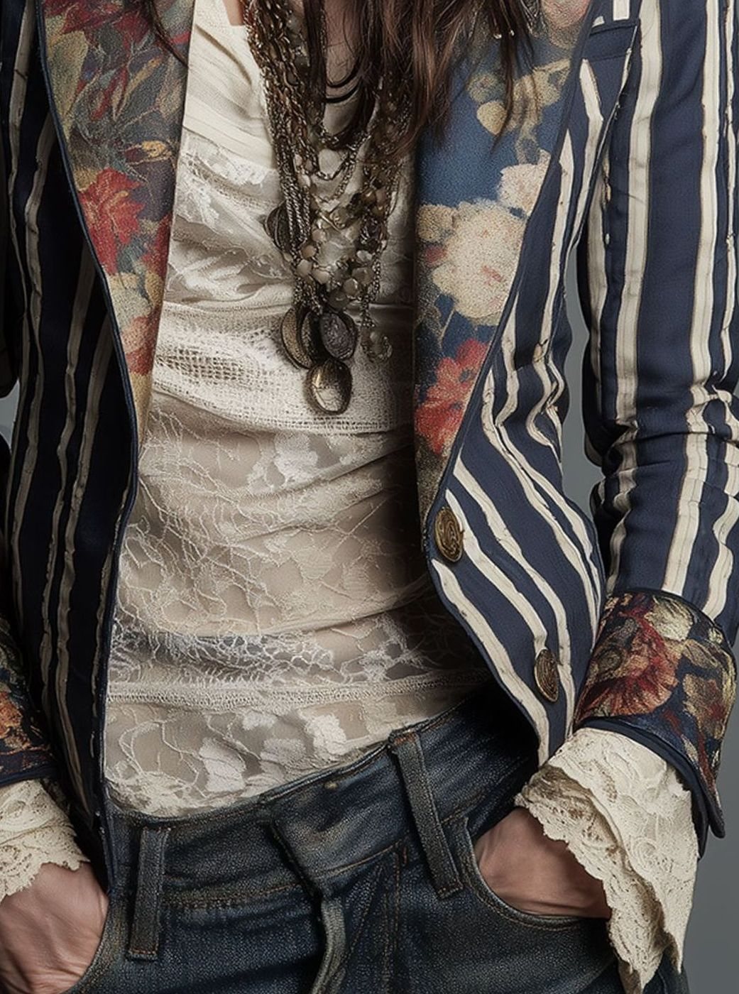 Women's Boho Floral Striped Long-Sleeve Blazer
