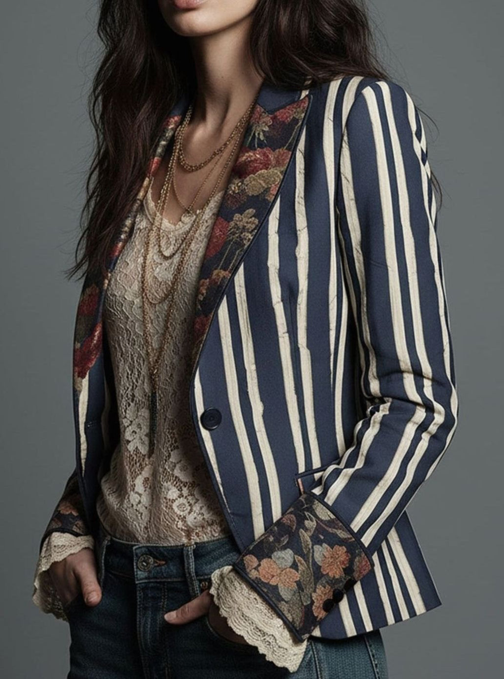 Women's Boho Floral Striped Long-Sleeve Blazer