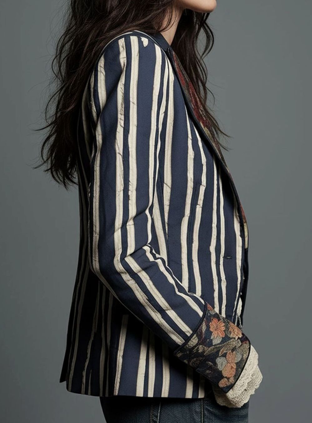 Women's Boho Floral Striped Long-Sleeve Blazer