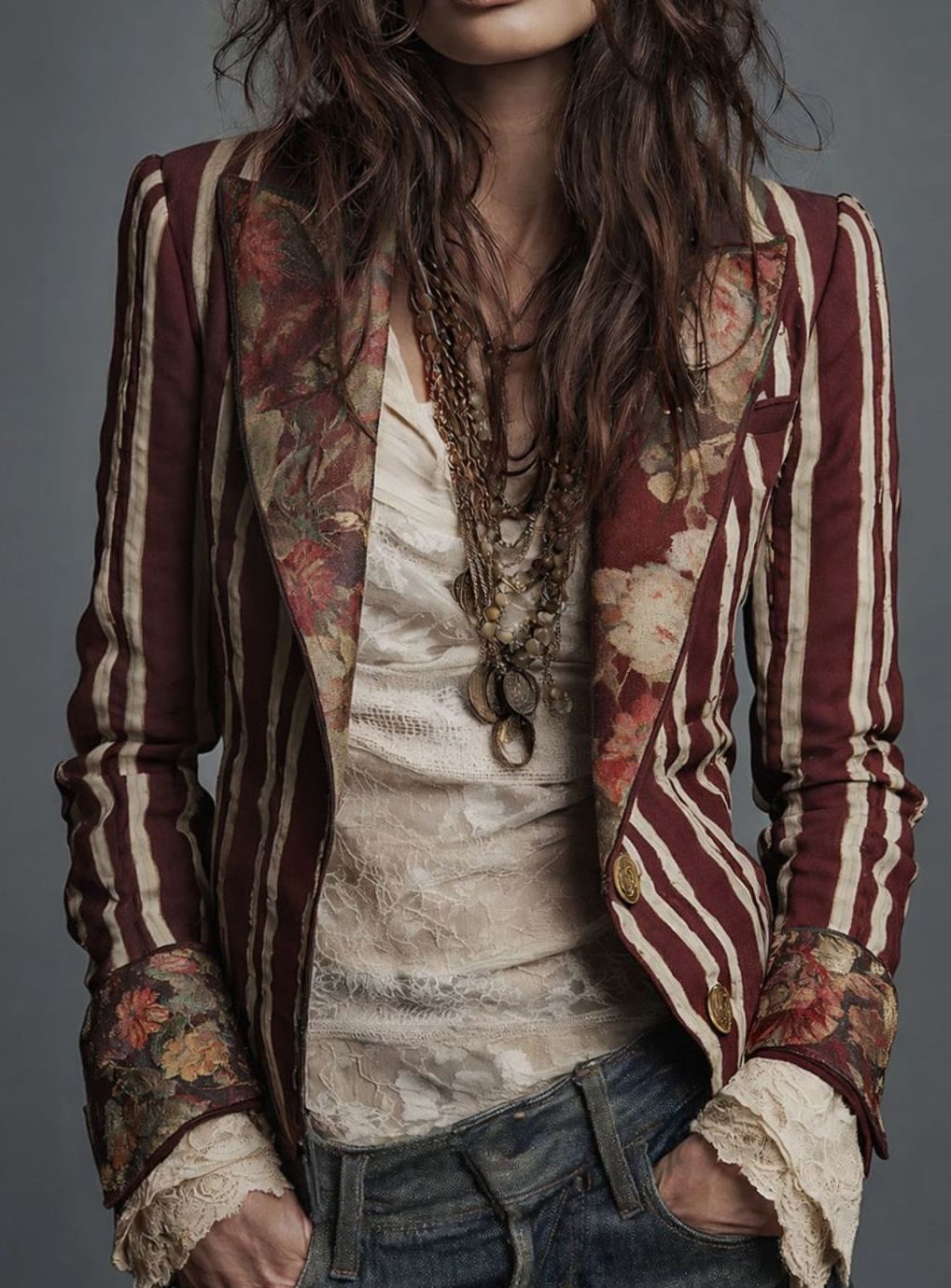 Women's Boho Floral Striped Long-Sleeve Blazer - Claret