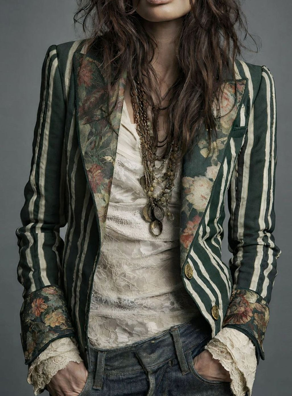 Women's Boho Floral Striped Long-Sleeve Blazer - Dark Green