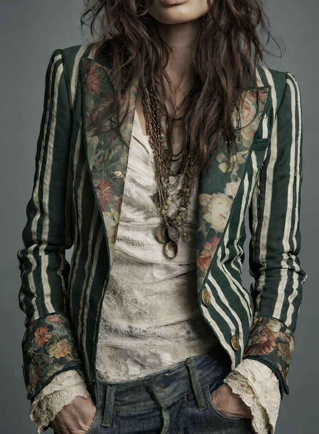 Women's Boho Floral Striped Long-Sleeve Blazer - Dark Green