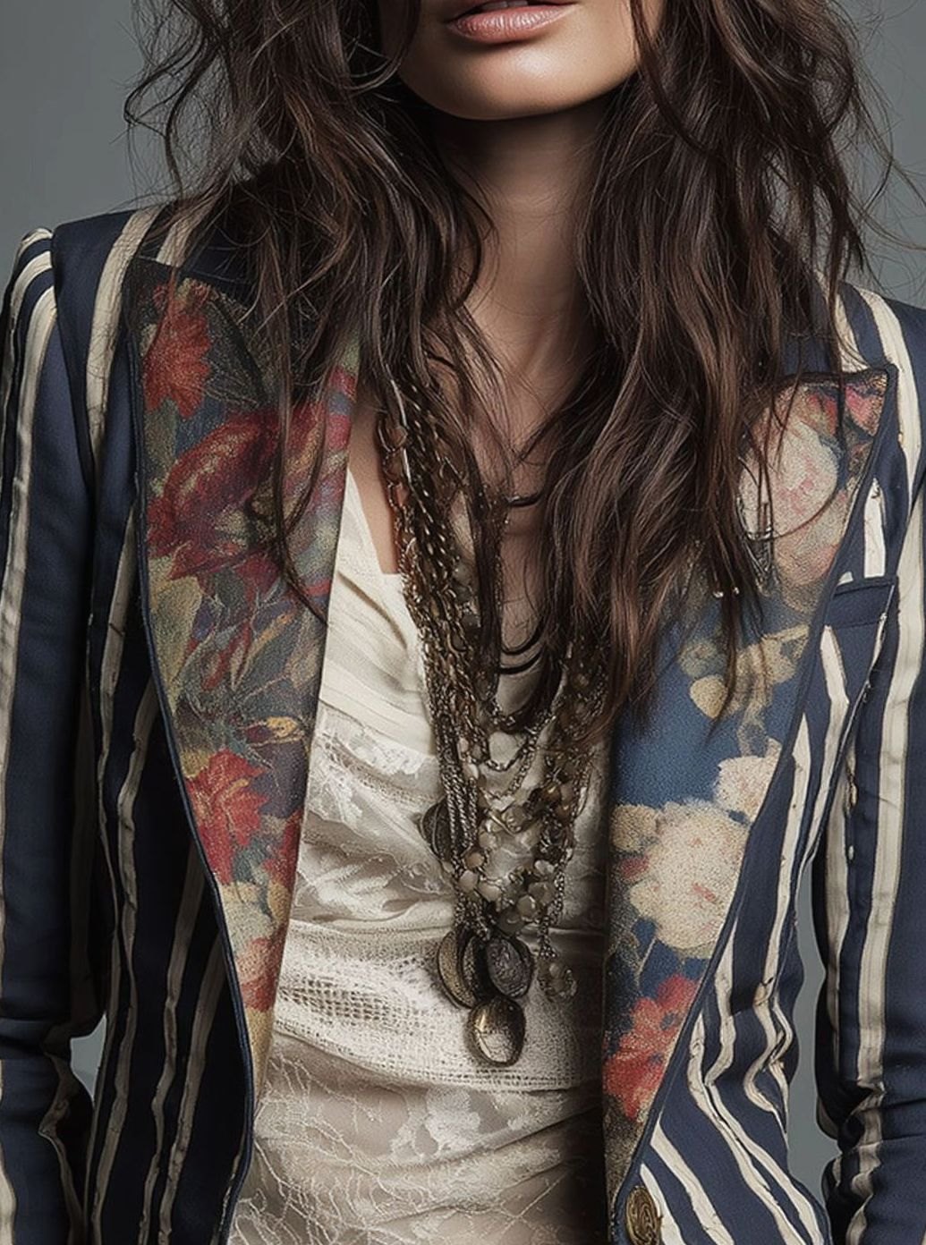 Women's Boho Floral Striped Long-Sleeve Blazer