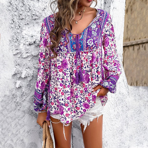 Women's Boho Floral V-Neck Tassel Drawstring Tunic Blouse - Lila