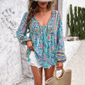 Women's Boho Floral V-Neck Tassel Drawstring Tunic Blouse - Blau