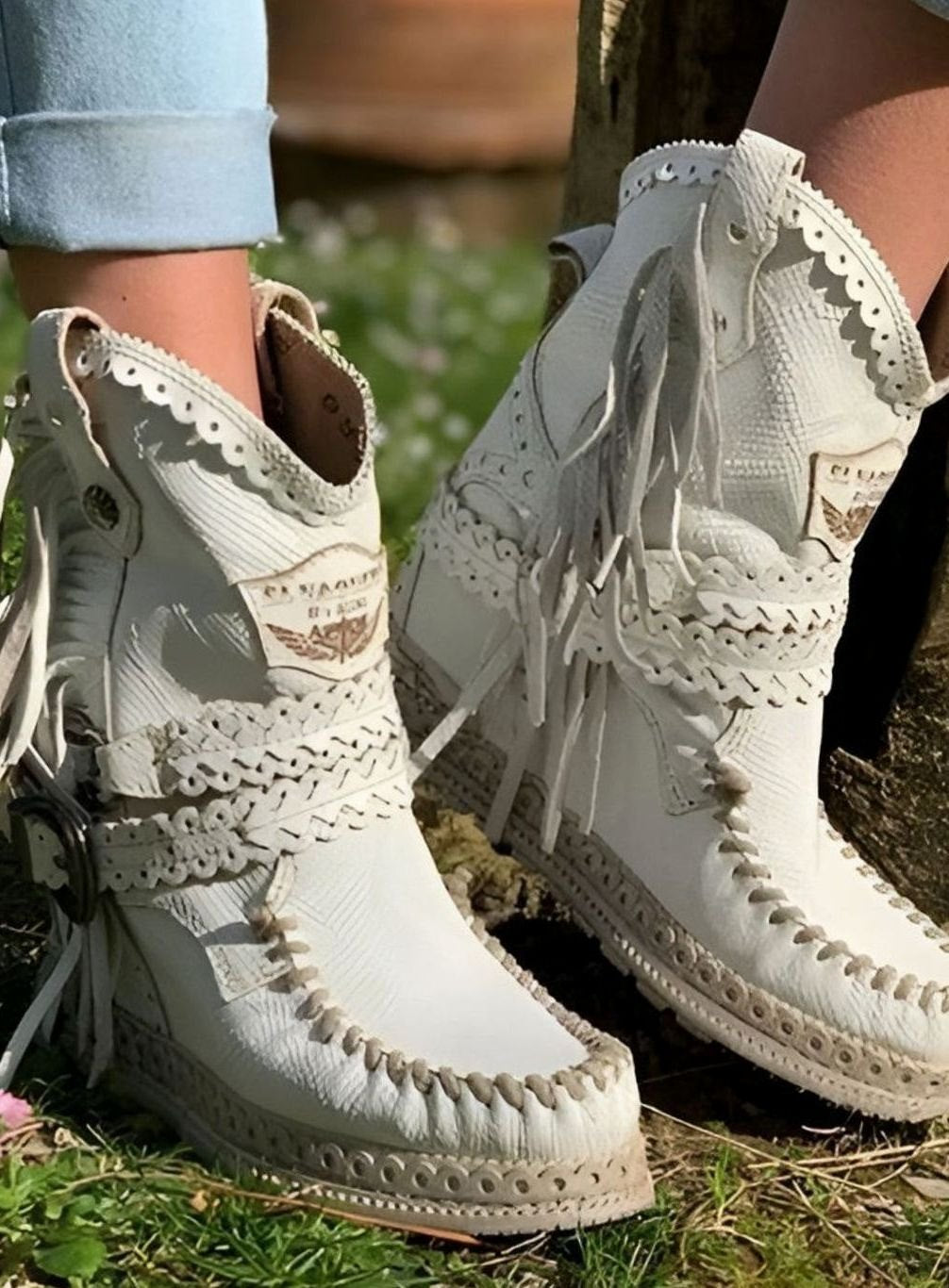 Women's Boho Fringe Woven-Detail Ankle Boots - White