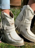 Women's Boho Fringe Woven-Detail Ankle Boots - White