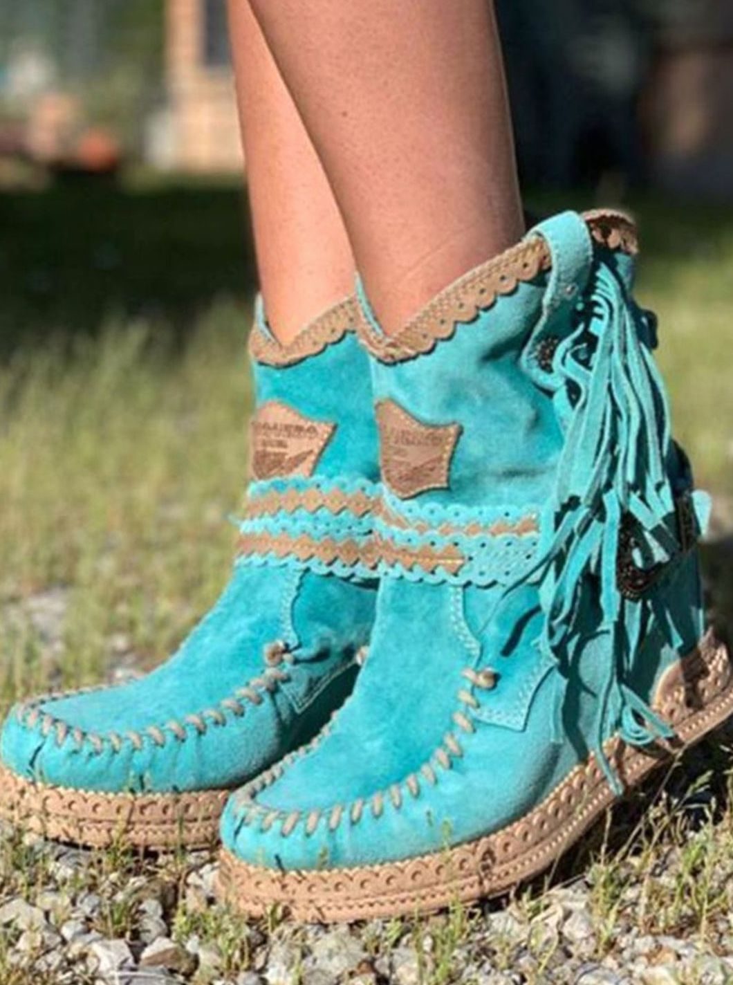 Women's Boho Fringe Woven-Detail Ankle Boots - Blue Green