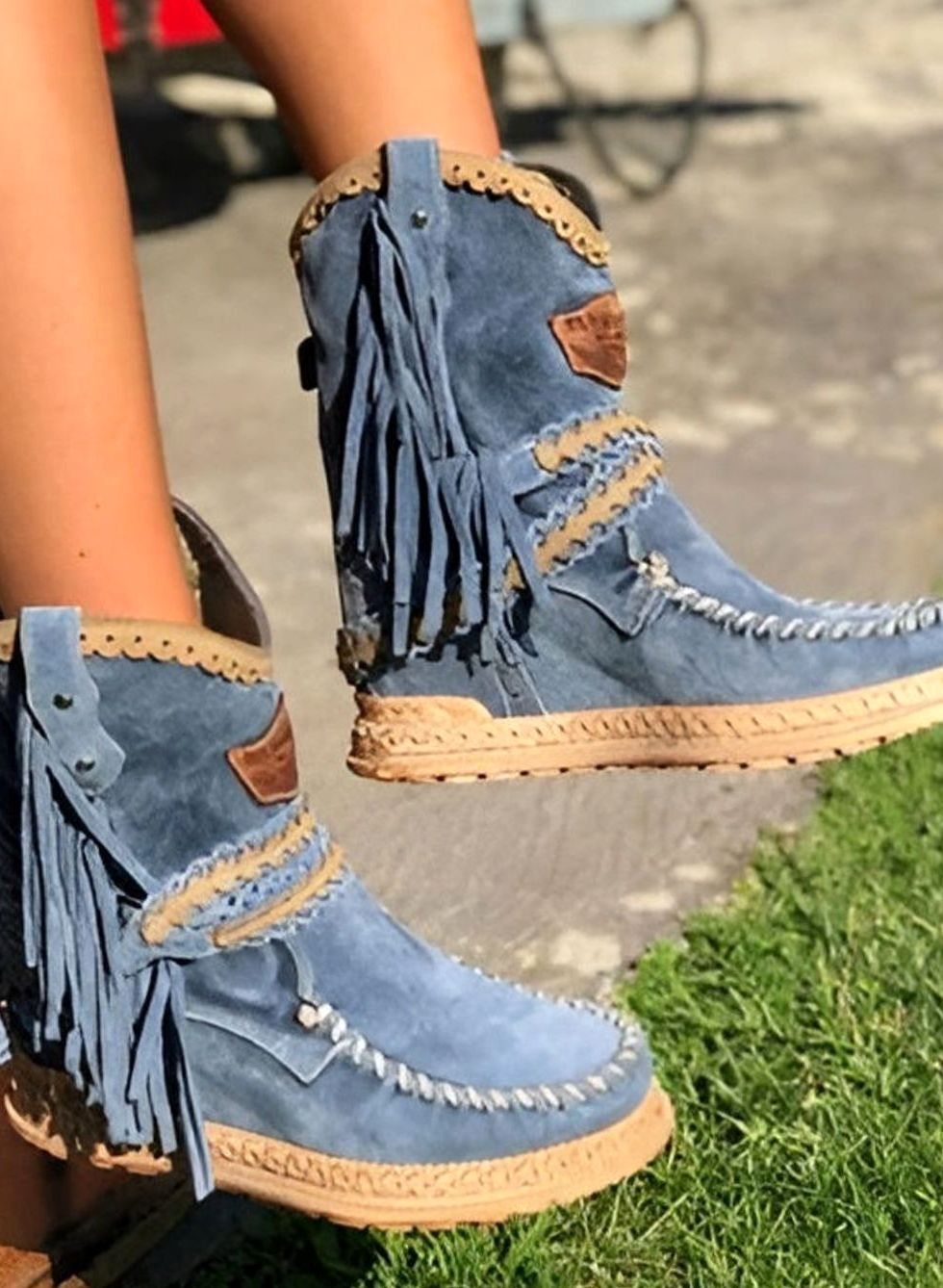 Women's Boho Fringe Woven-Detail Ankle Boots - Blue