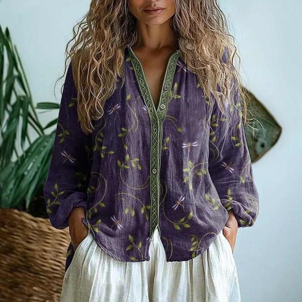 Women's Boho Linen Button-Down Long Sleeve Cardigan Blouse - Purple