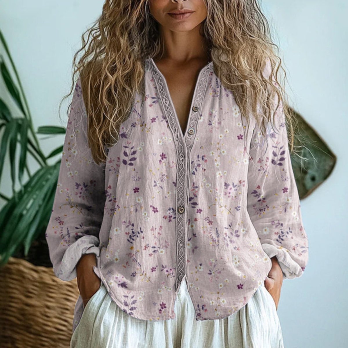 Women's Boho Linen Button-Down Long Sleeve Cardigan Blouse - Light Pink