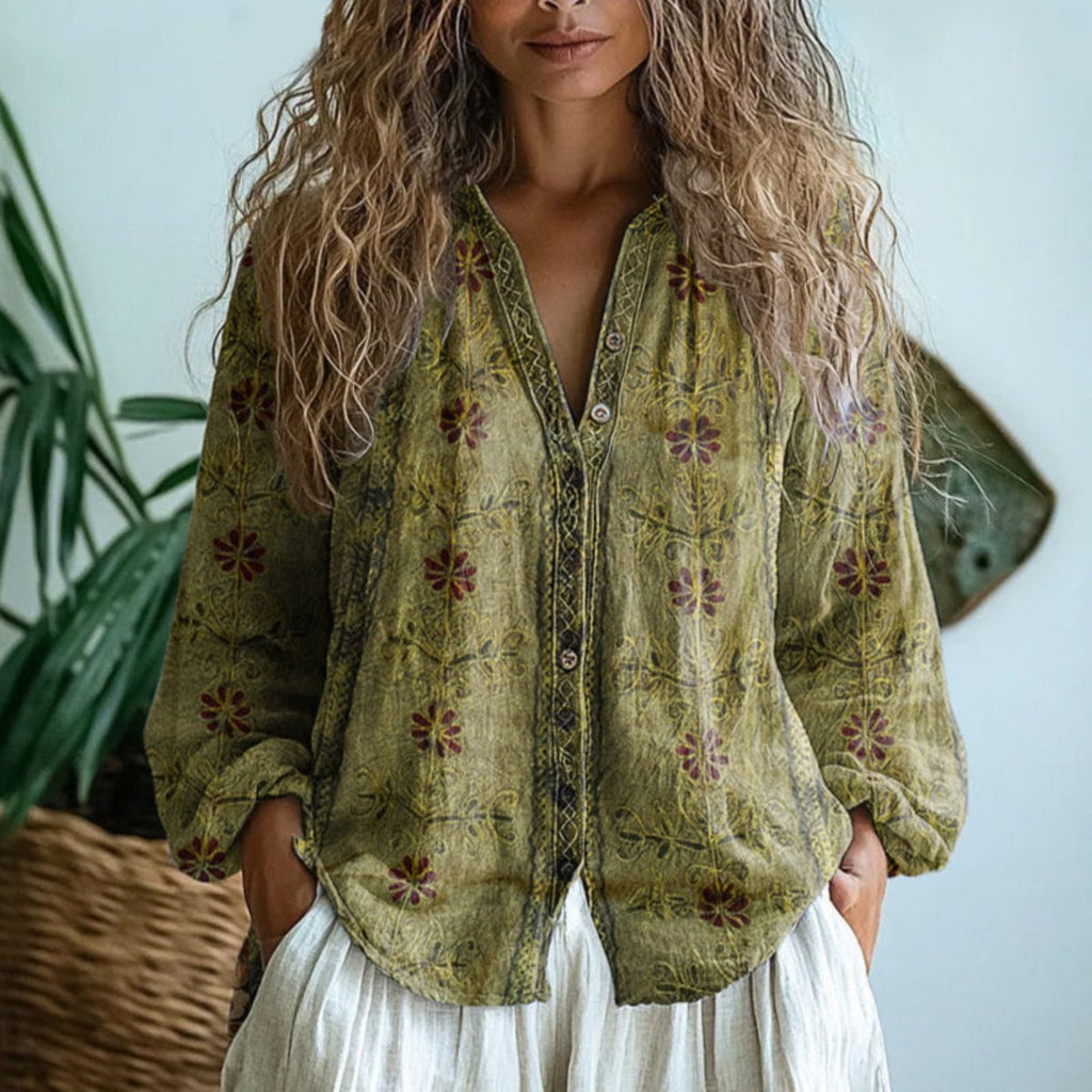 Women's Boho Linen Button-Down Long Sleeve Cardigan Blouse - Light Olive Green