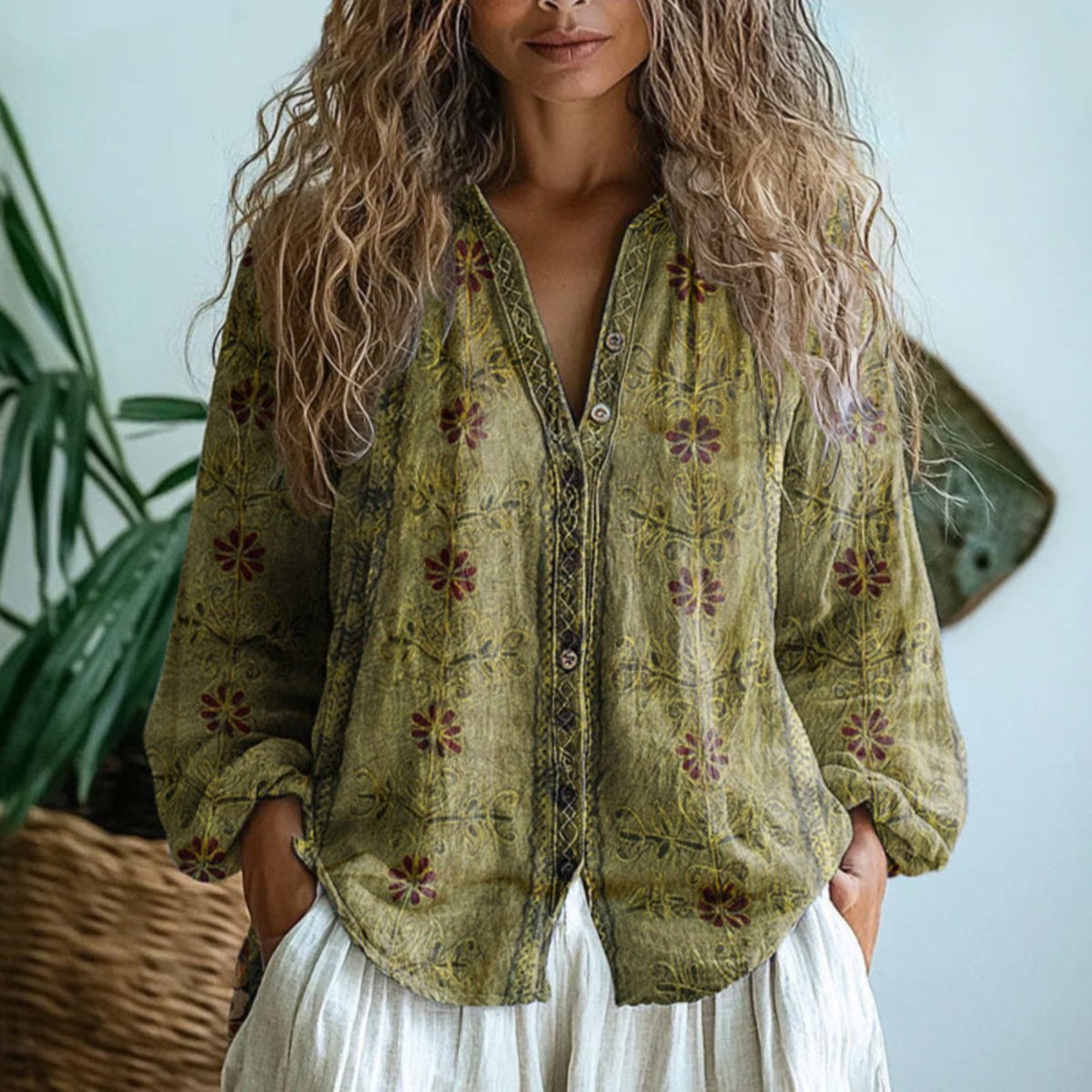 Women's Boho Linen Button-Down Long Sleeve Cardigan Blouse - Light Olive Green