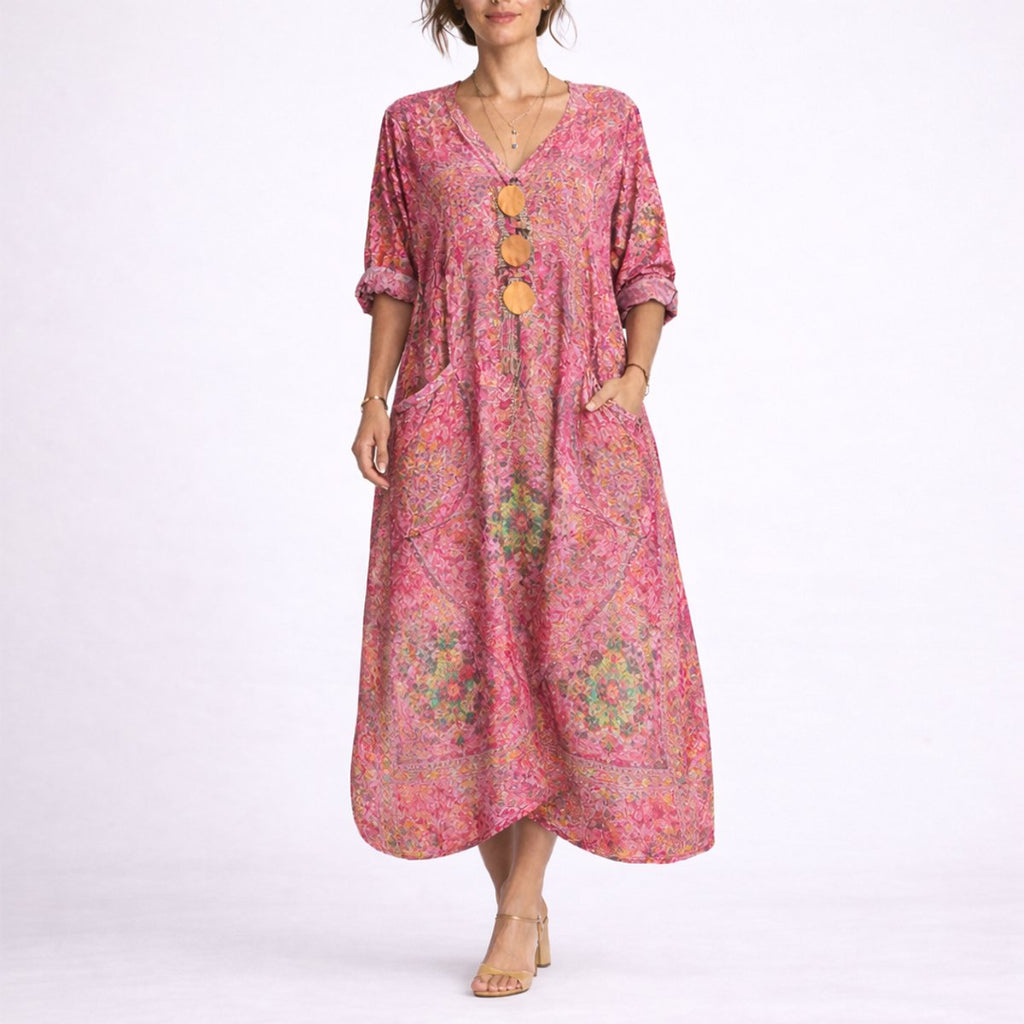 Women's Boho Paisley Maxi Fall Wedding Guest Dress Kaftan - Red