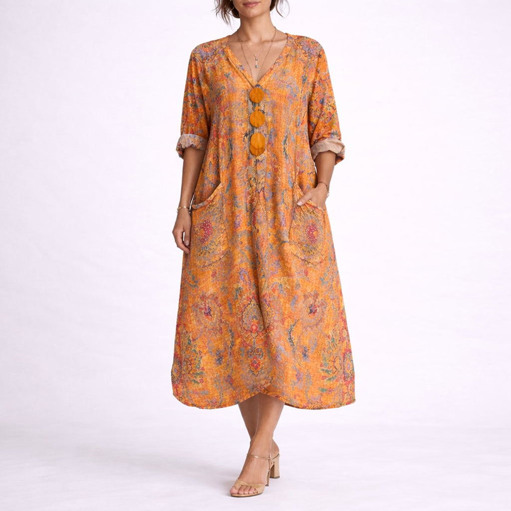 Women's Boho Paisley Maxi Fall Wedding Guest Dress Kaftan - Orange