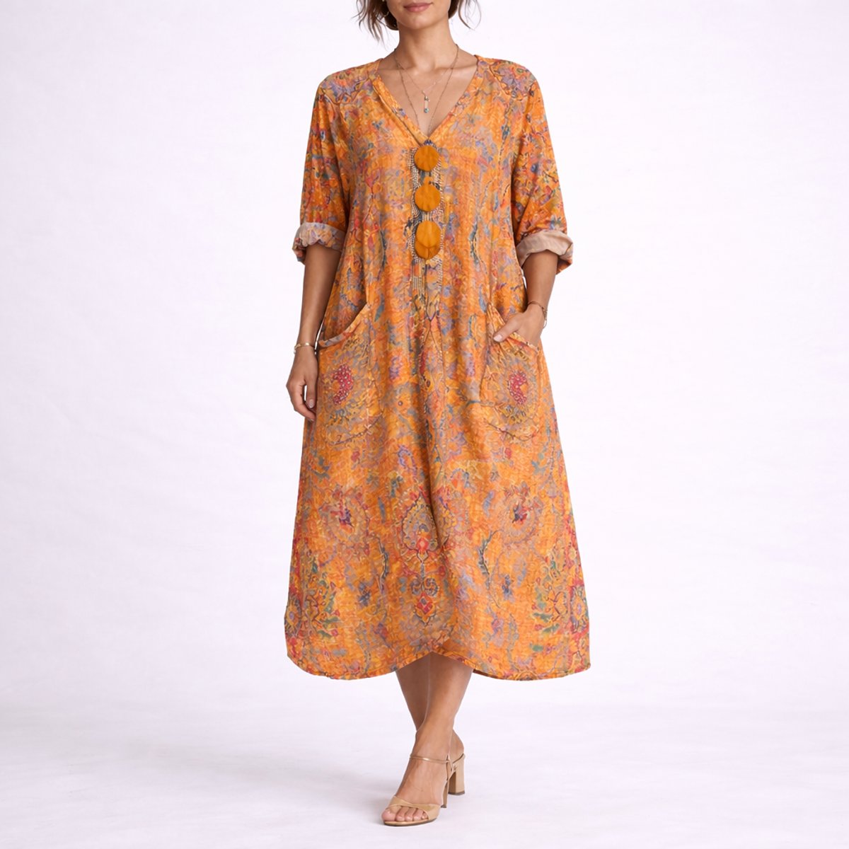 Women's Boho Paisley Maxi Fall Wedding Guest Dress Kaftan - Orange