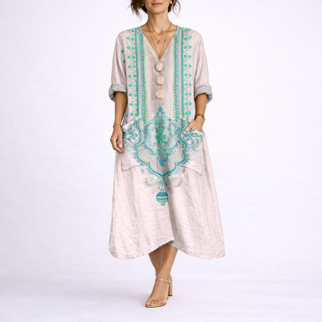 Women's Boho Paisley Maxi Fall Wedding Guest Dress Kaftan - Pink & Green