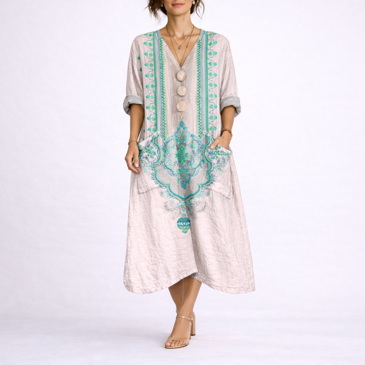 Women's Boho Paisley Maxi Fall Wedding Guest Dress Kaftan - Pink & Green