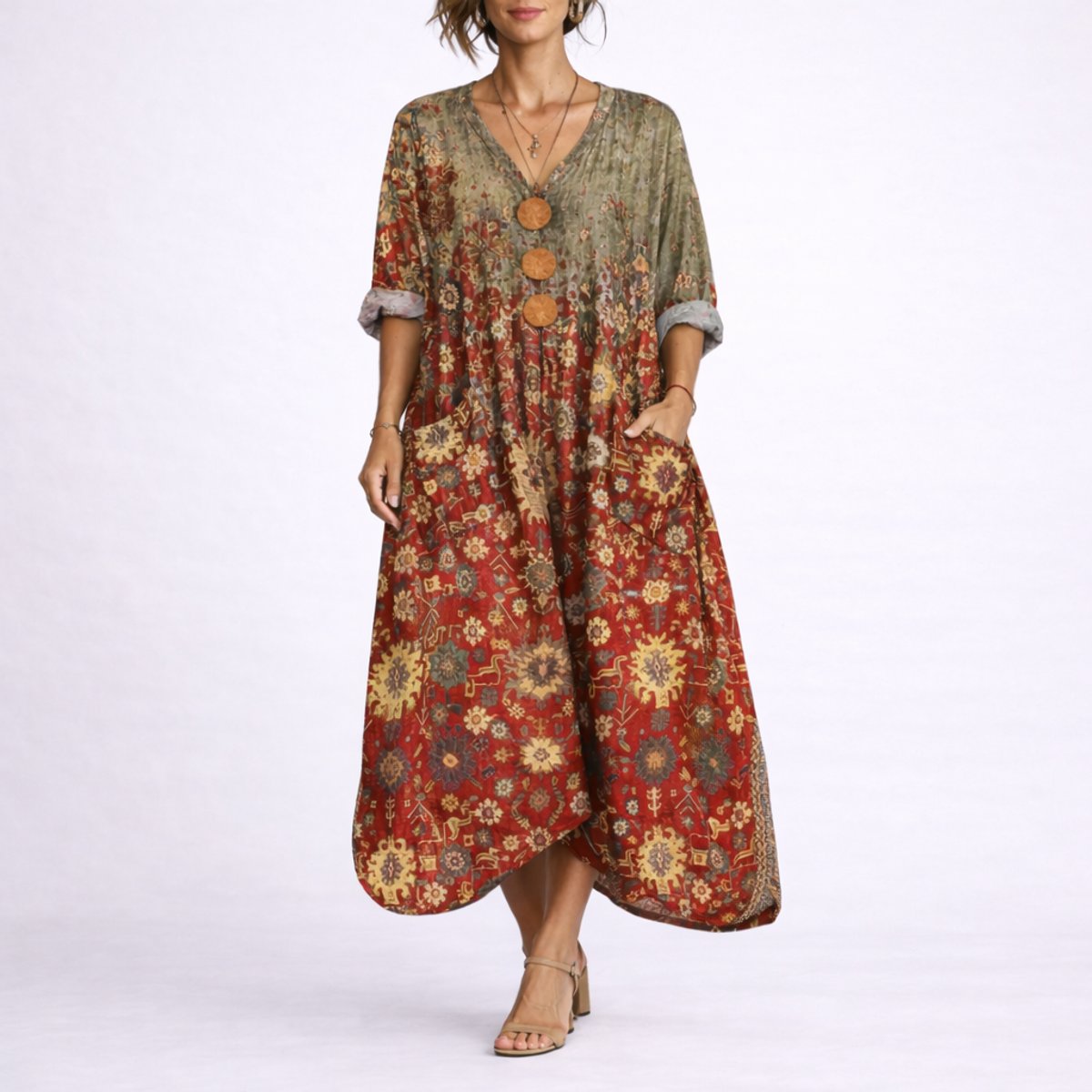 Women's Boho Paisley Maxi Fall Wedding Guest Dress Kaftan - Red Carpet