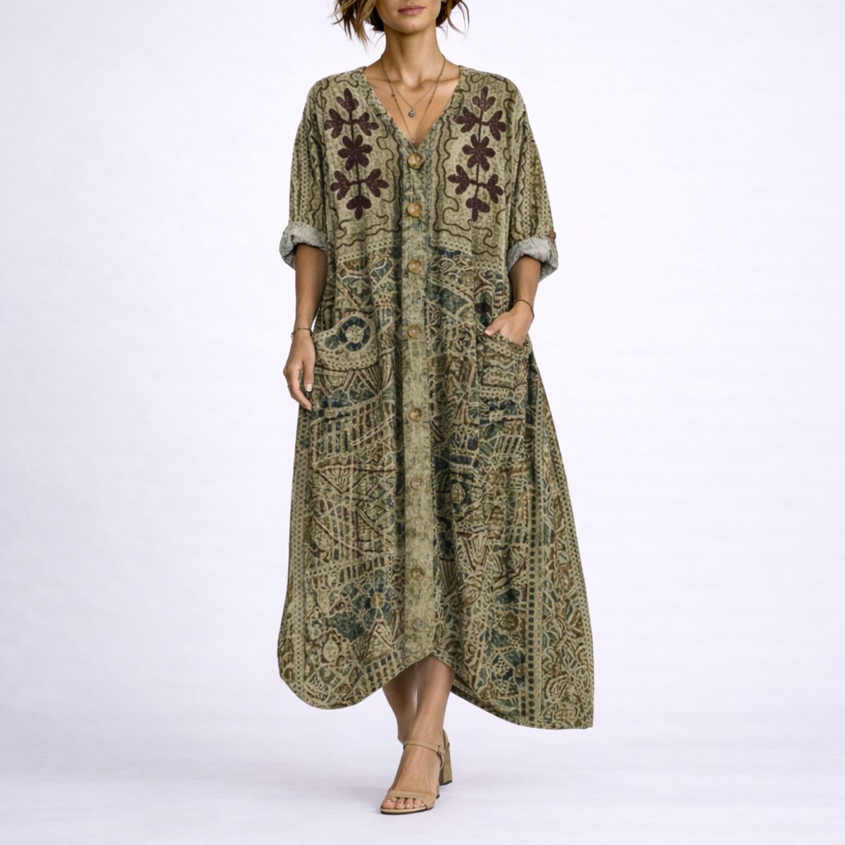 Women's Boho Paisley Maxi Fall Wedding Guest Dress Kaftan - Green