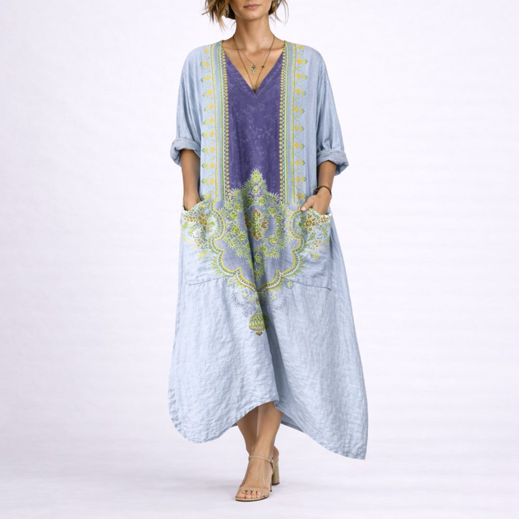 Women's Boho Paisley Maxi Fall Wedding Guest Dress Kaftan - Blue & Purple