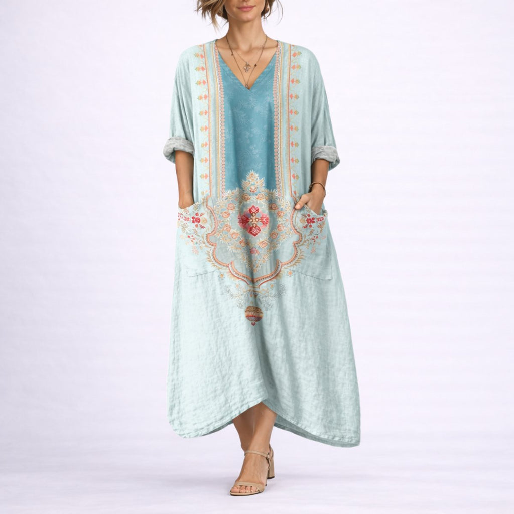 Women's Boho Paisley Maxi Fall Wedding Guest Dress Kaftan - Green & Blue